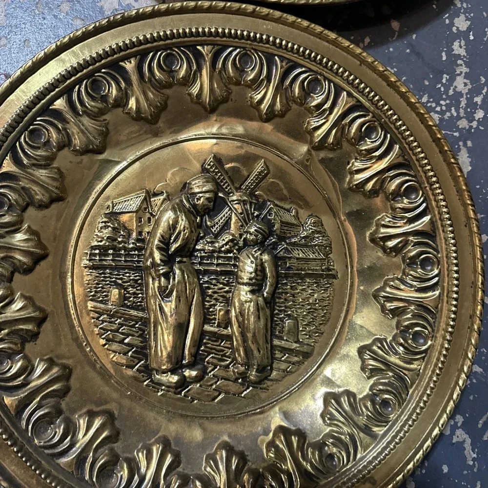 Vintage European Brass Wall Plates – Matched Pair Dutch  Scenes 12